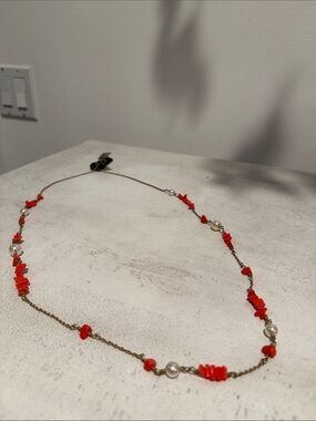 J.Crew Coral Chip & Faux Pearl Station Necklace NWT